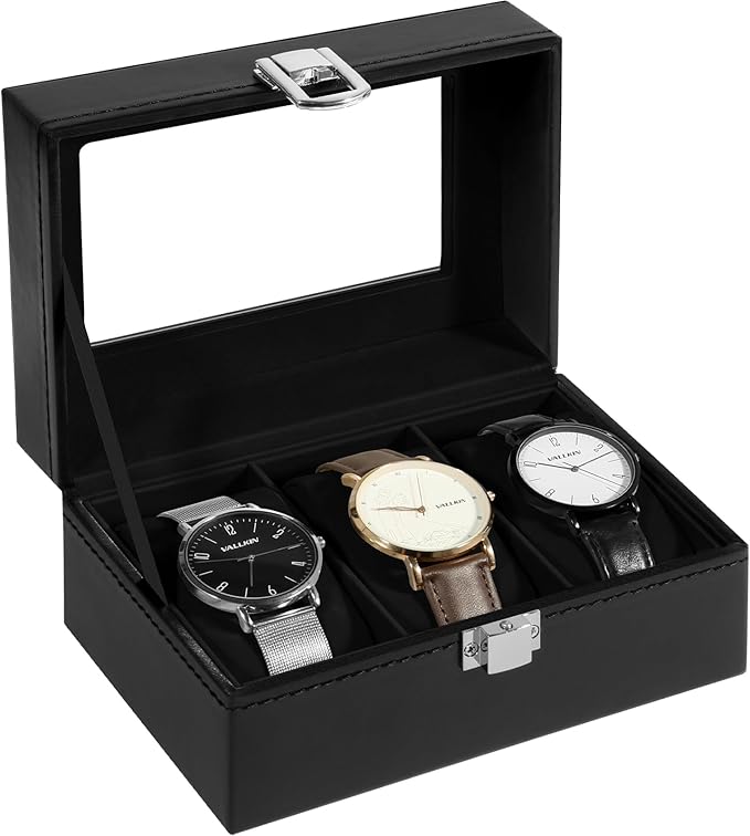Uten 3-Slot Watch Box, PU Leather Watch Case with Glass Lid, Watch Holder Organizer with Soft Pillow and Velvet Lining, Watch and Jewelry Storage Box, Black