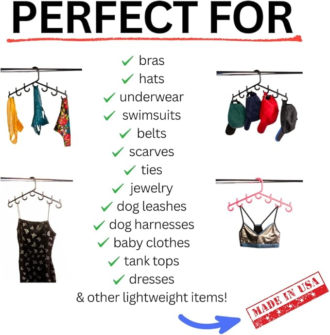 Made in USA Multi-Use Hanger for Bras, Lingerie, Hats & Scarves 5-Pack | Patented Closet Organizer | 7-Hook Space Saver for Underwear, Ties, Belts | No Clips, Lightweight Design