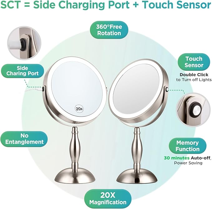 20x Magnifying Mirror with Light, 5000mAh Lighted Makeup Mirror with 3 Color Modes and Adjustable Brightness, Side Charging Port & SideTouch Sensor, 360° Rotation -Brushed Nickel