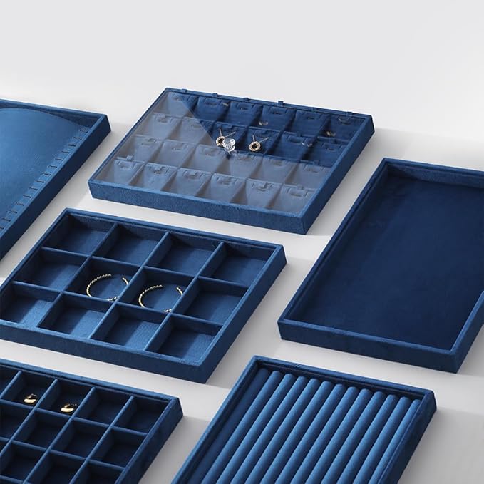 Velvet Stackable Jewelry Display Tray, 12 Grid Watch Bangle Bracelet Storage Tray, Makeup Drawer Insert Jewelry Shop Organizer Plate (Blue)