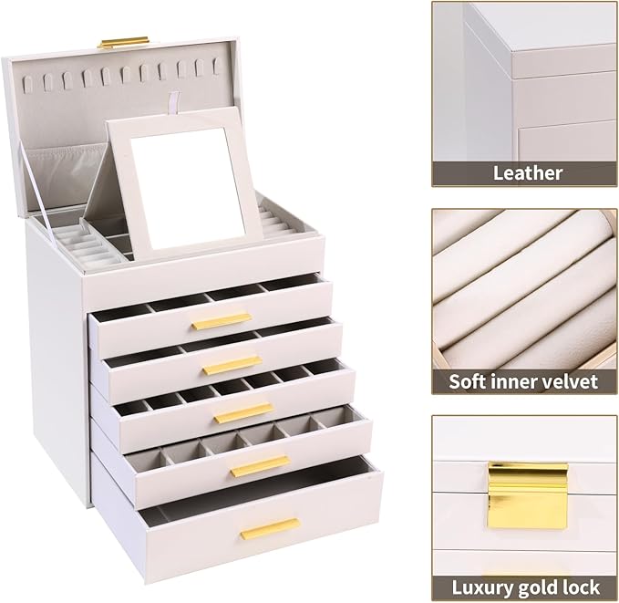 BOOVO Jewelry Box with Necklace Hanger – 6 layer Jewelry Organizer for Women with 5 Drawers, Large Jewelry Storage Boxes –Jewelry Organizers and Storage for Earrings, Necklaces (White, 6 layer)