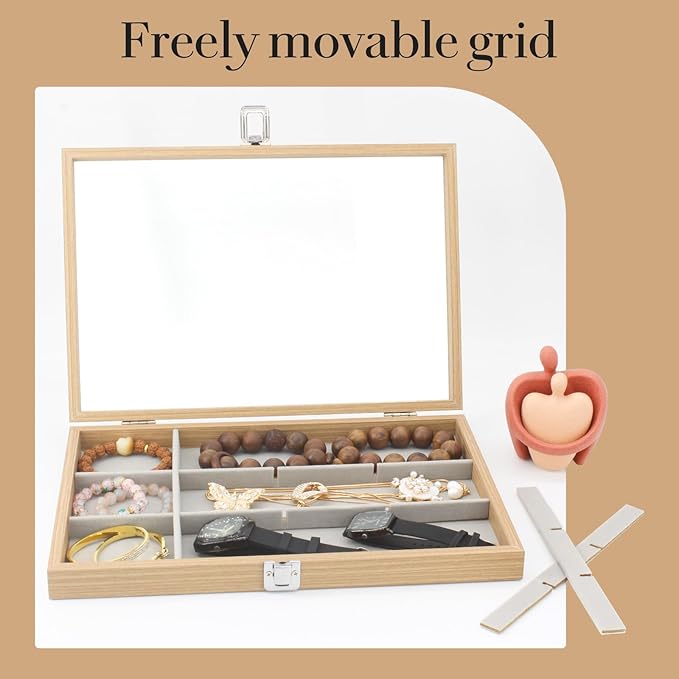 KOOAAICCHI Jewelry Organizer Tray 12 Grid Velvet Jewelry Storage Box with Clear Lid Jewelry Display Case with Lock Bracelet Earring Ring Organizer Showcase Gifts for Girls Women-12 Grid Wooden Beige