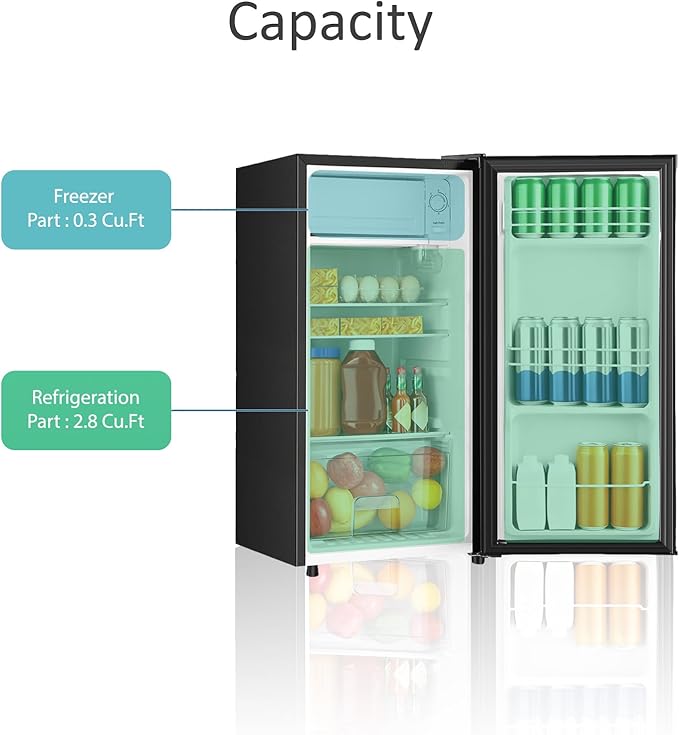 3.1 Cu.Ft Mini Fridge with Freezer, Single Door Mini Refrigerator, 5 Settings Temperature Adjustable, Compact Refrigerator for Apartment,Dorm, Office, Bedroom