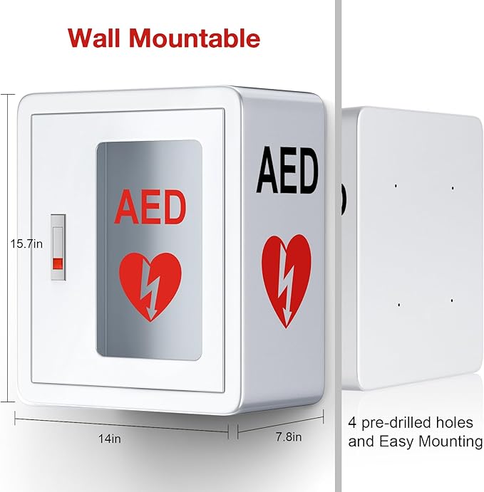 AED Cabinet, First Aid AED Defibrillator Wall Mounted Storage Cabinet, Metal Steel Plate Snap Lock, fits All Brands Cardiac Science for Public Places, 14 x 7.8 x 15.7 Inch