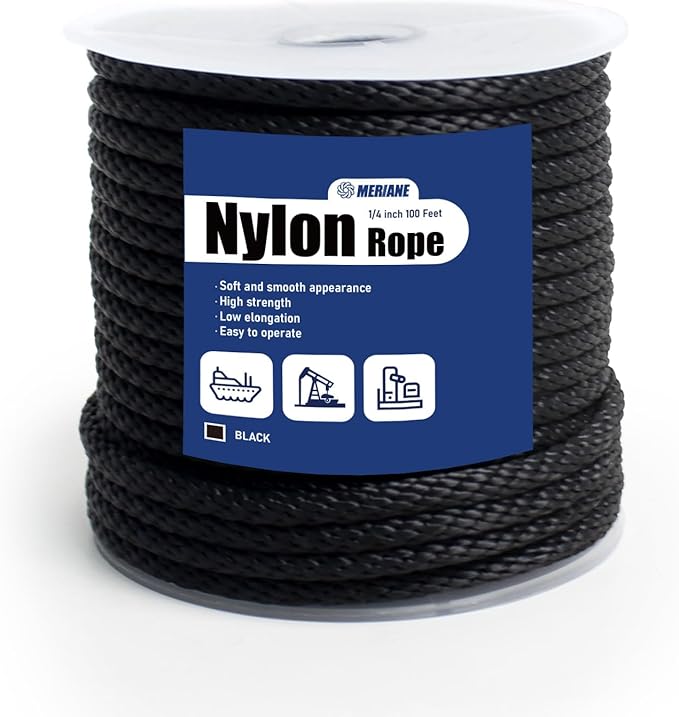 MERIANE Black Nylon Rope 1/4inch 100FT – Multipurpose Solid Braided Rope – Ideal Use for Camping, Clothesline, Marine, Flag Line – Abrasion & UV Resistant – Shock Absorption Rope for Indoor Outdoor