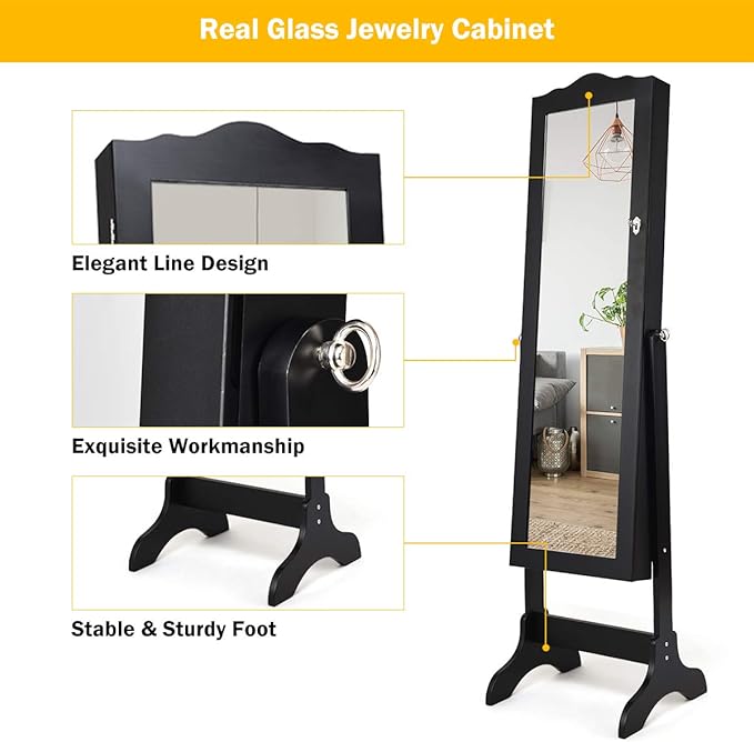 Giantex Jewelry Cabinet Armoire Lockable with Mirror, Standing Full Length Mirror with Jewelry Cabinet, 3 Adjustable Angles, Jewelry Organizer Storage Box Birthday Christmas Gifts (Black)