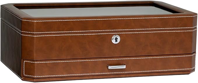 ROTHWELL 12 Slot Leather Watch Box with Valet Drawer - 12 Slot Luxury Watch Case Display Organizer, Microsuede Liner, Mens Accessories Holder, Jewelry Case, Jewelry Display Organizer (Tan/Brown)
