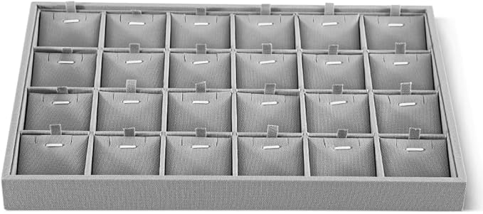 Linen Stackable Necklace Storage Tray, 24 Grid Pendant Display Tray, Jewellery Shop Counter Showcase Table Top Organizers, Makeup Table Drawer Insert Jewelry Tray