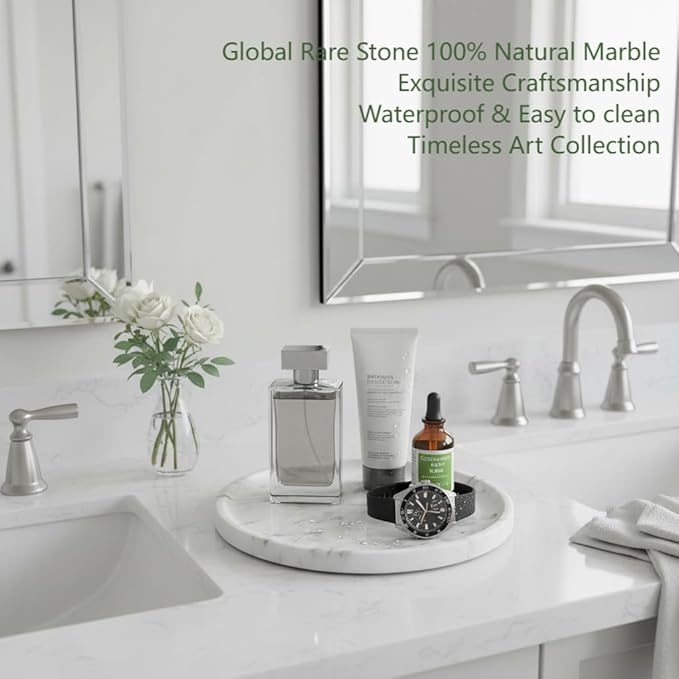 Marmor Natural Marble Bathroom Tray for Perfume & Jewelry, Vanity Decorative Catchall Tray for Countertop, Stone Organizer Dish for Candles, Makeup, Essentials(Statuario White Round Plate)