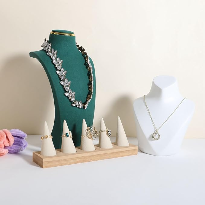 GemeShou Beige wood ring storage organizer, Velvet Jewelry ring display holder, Cute ring display stand for selling, wedding ring holder at nightstand【Beige with five cone】