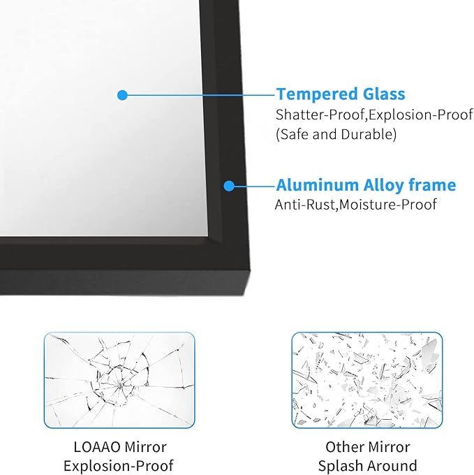 LOAAO 40"X30" Black Rectangle Bathroom Mirror Wall, Matte Black Aluminum Alloy Frame, Tempered Glass, Hangs Vertically or Horizontally, Easy to Install