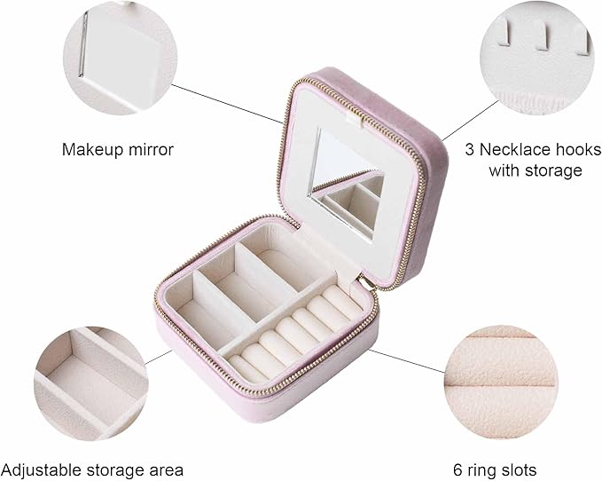 Customizable Compact Velvet Jewelry Box with Mirror, Travel Jewelry Case, Travel Jewelry Organizer, Jewelry Box for Women and Girls, Small Jewelry Organizer (Center Text, Lavender Pink)