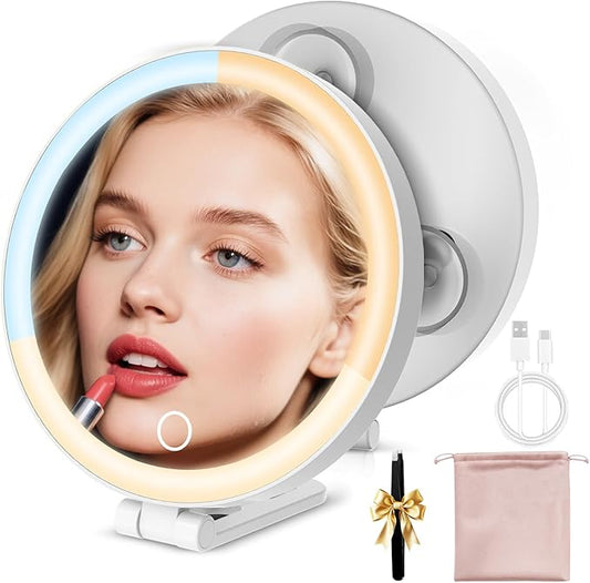 Travel Makeup Mirror with Lights, Lighted Magnifying Mirror 10X, 4-in-1 Portable for Handheld, Tabletop, Hanging and Wall Mount with Suction Cup and 3 Color Light, Ideal Gift for Women and Seniors