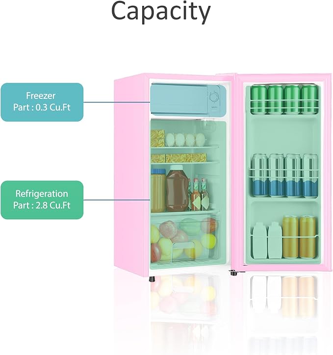 3.1 Cu.Ft Mini Fridge with Freezer, Single Door Mini Refrigerator, 5 Settings Temperature Adjustable, Compact Refrigerator for Apartment,Dorm, Office, Bedroom