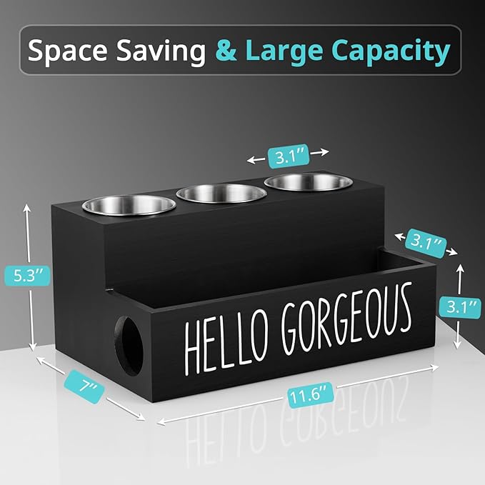 Bivvclaz Hair Tool Organizer, Wooden Hair Dryer Holder Countertop, Wall Mount Hot Tools Organizer for Hair Styling Accessories, Bathroom Supplies Vanity Caddy for Curling Wand, Blow Dryer, Black