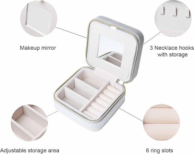 Customizable Compact Velvet Jewelry Box with Mirror, Travel Jewelry Case, Travel Jewelry Organizer, Jewelry Box for Women and Girls, Small Jewelry Organizer (Flower Design, Milky Gray)