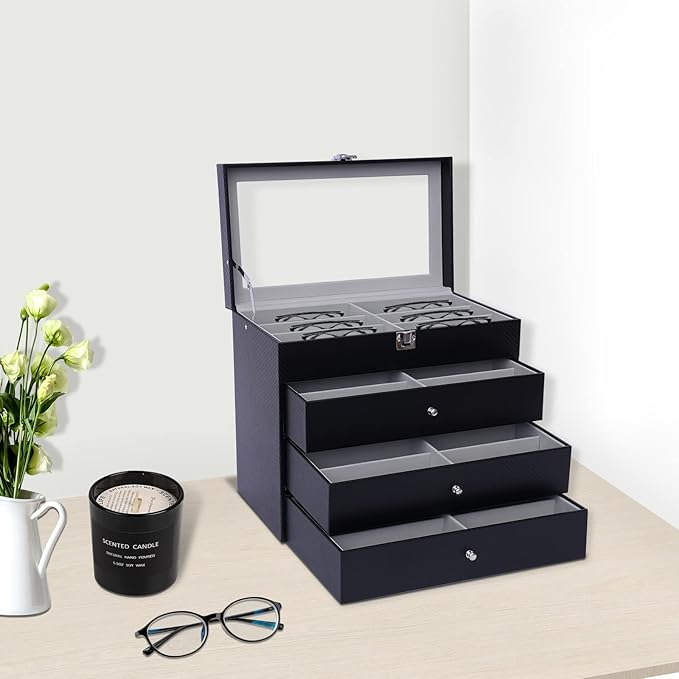 Sunglasses Organizer, Sunglasses Storage Organizer, Eyeglasses Storage Glass Top Lockable Case Organizer Eyeglasses Display Box for Women Men (Black)