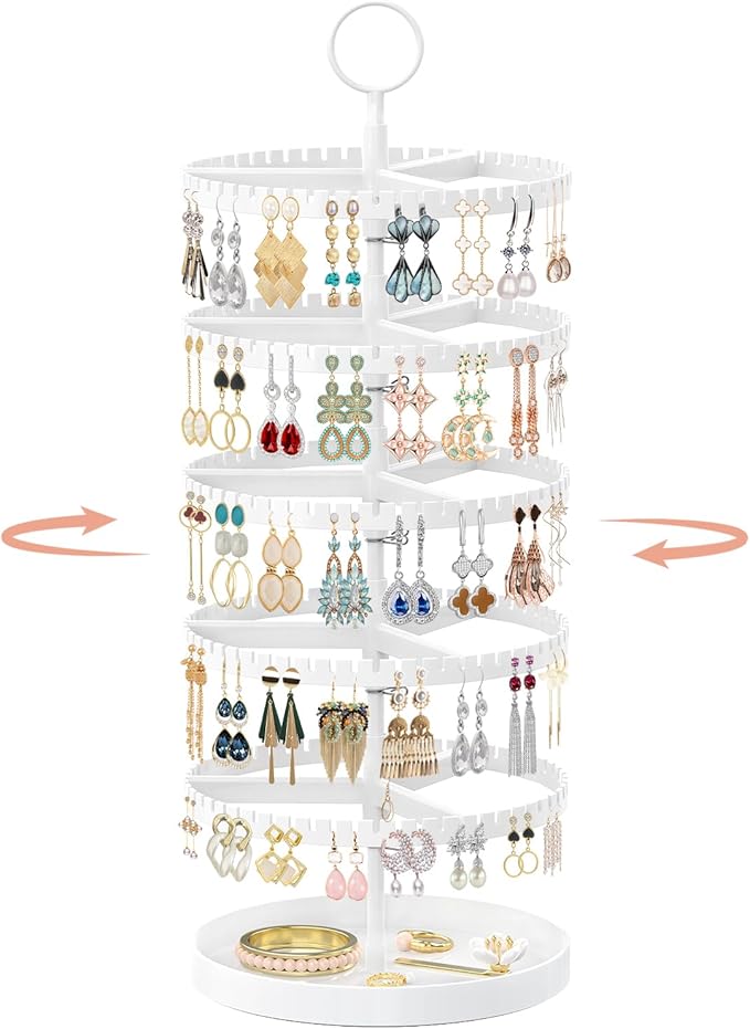 iDavosic.ly 5 Tier Rotating Earring Holder Organizer with Metal Tray, Adjustable Plastic Dangle Display Stands Tree with 285 Grooves, Large Hoop Storage Rack Tower, White