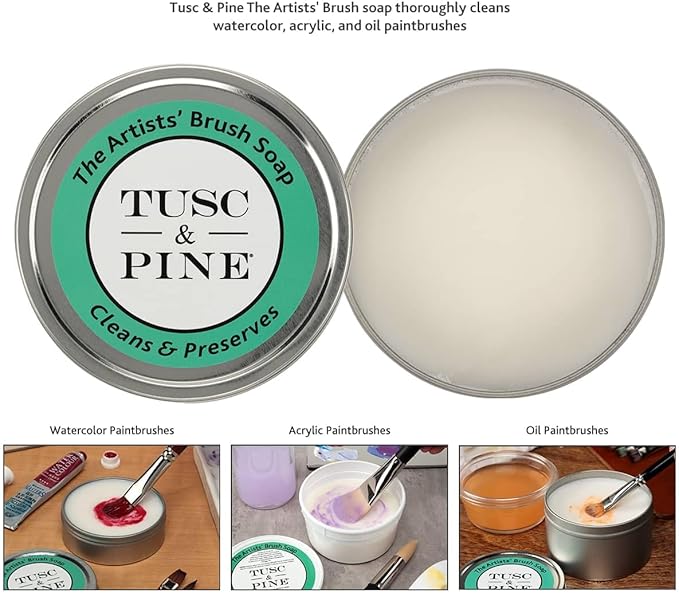 Tusc & Pine The Artists' Brush Soap - 12oz Plant-Based Brush Cleaner, Oil, Acrylic, Watercolor Paint - Nourishes Bristles; Made in North Carolina; Alkali Soap, Gentle Pine Fragrance