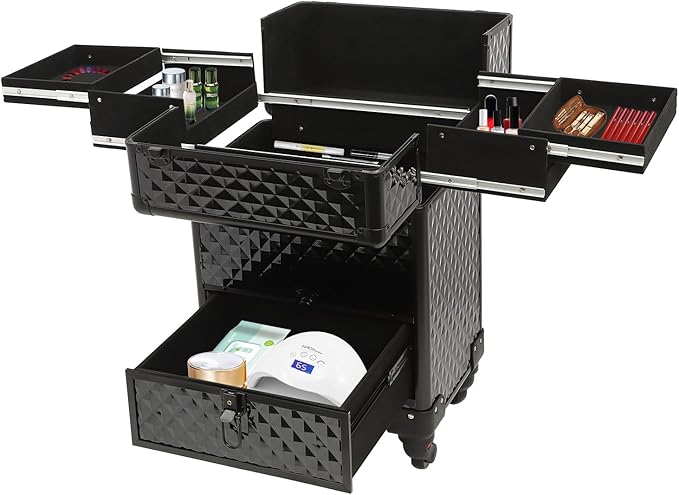 Rolling Makeup Train Case Large Cosmetic Trolley Nail Bag Organizer Professional Manicure Tool kit Portable Manicure Storage Case with Swivel Wheels 4 Tray and Sliding Rail (Black)
