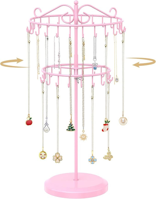 MODOWEY Rotating Necklace Holder Organizer Display Stand with 42 Hooks, 2 Tier Adjustable Metal Tree for Long Necklace Hanger Selling, Tall Spinning Bracelet Storage Rack for Men Women, Pink