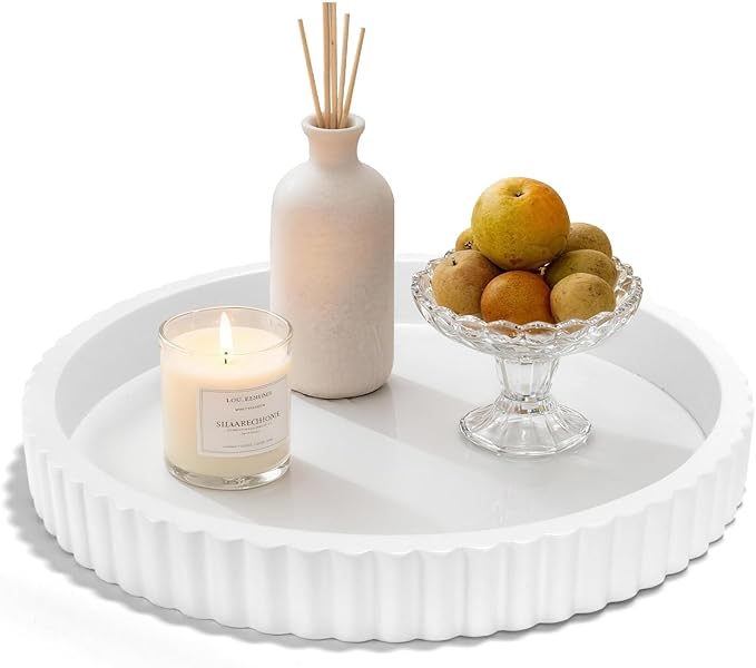 Decorative Tray for Coffee Table, 12'' Resin Modern Decorative Tray for Home Decor, Elegant Table Centerpiece White Round Fluted Serving Vanity Tray for Bathroom Kitchen Living Room Decor