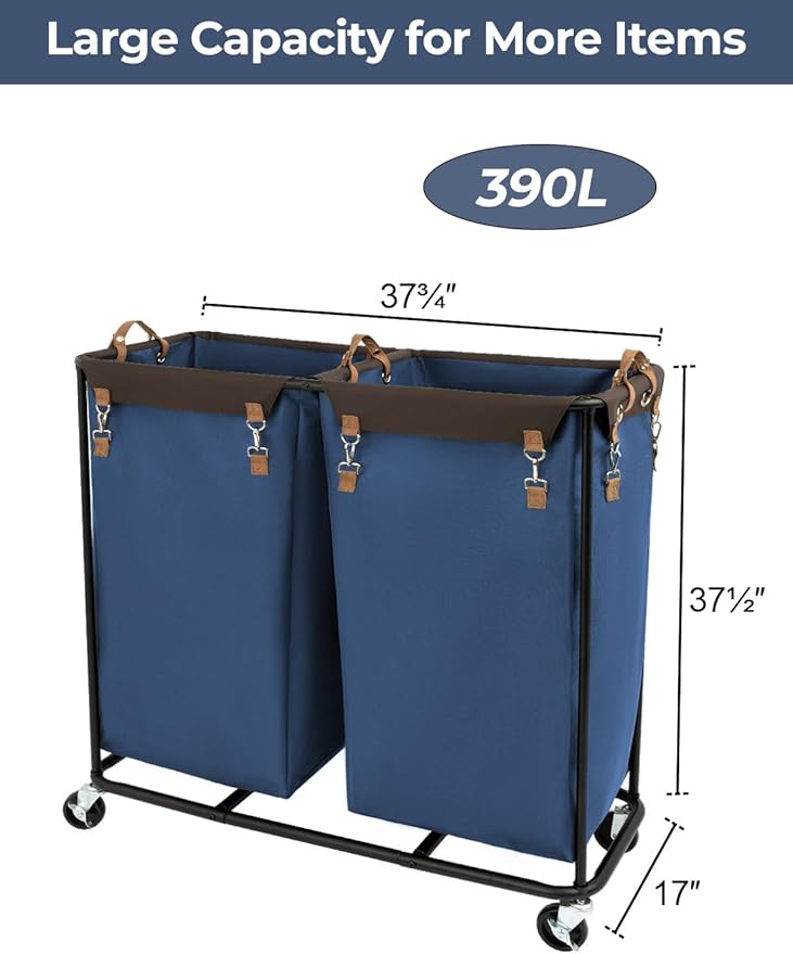 StorageWorks 390L Extra Large Laundry Hamper with Wheels, Laundry Basket with Wheels 2 Sections, Clothes Sorter Cart with Divider for Hotel, Home, Blue, 1-Pack