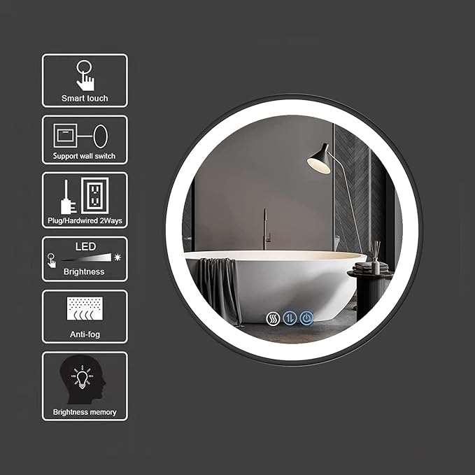 LED Bathroom Mirror with Lights 24'' Round Black Frame Vanity Mirror with Touch Lights Wall Mounted Mirror for 3Colors Dimmable Anti-Fog Memory Smart Light up Makeup Mirror Large Circle Wall Mirror