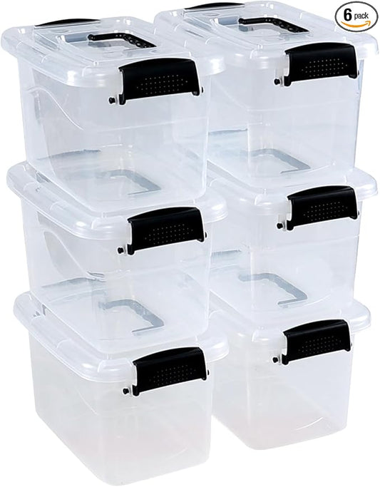 6 Quart Plastic Storage Box with Handle, Clear Latching Bin with Lids, 6 Packs