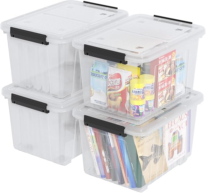 50 L Plastic Storage Bin with Wheels, Large Clear Latching Storage Box, 4 Pack