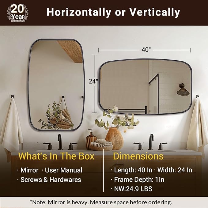 ANDY STAR Black Oval Mirrors for Bathroom, 24x40 Inch Oblong Bathroom Mirrors for Over Sink, Modern Metal Vanity Mirror, Non-Rusting SUS304 Metal Tube Frame, Wall-Mounted Vertically or Horizontally