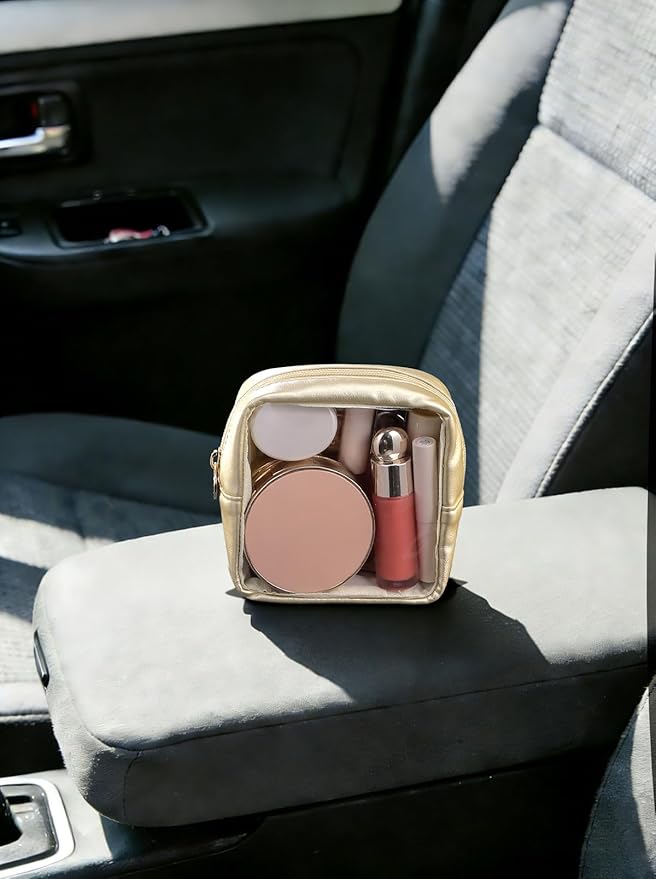 Pocmimut Makeup Bag,Mini Makeup Bag Cute Pouch Purse Organizer Travel Essentials,Clear Makeup Pouch for Car Accessories for Women,Gold
