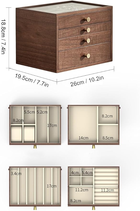 Black Walnut Wooden Jewelry Box for Women large 4 Layer Drawer Organizer Box with Glass Lid for Necklaces, Watch, Necklace, Ring, Earring Storage - Valentine's Day Gifts