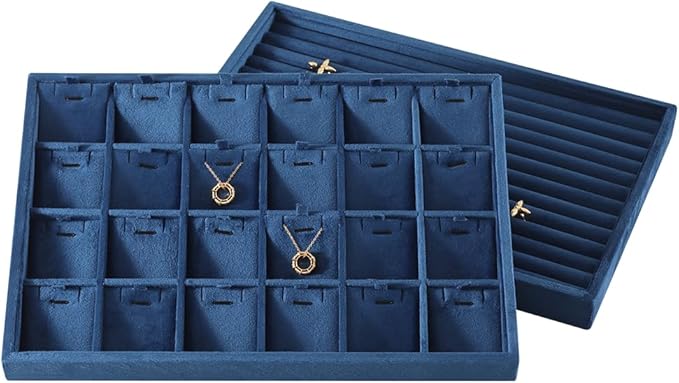 Velvet Necklace Display Tray, Stackable 24 Grid Insert Pendant Necklaces Storage Holder Plate, Jewelry Retail Countertop Organizer (Blue)