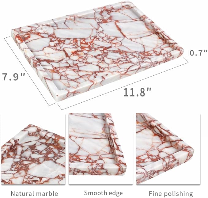 100% Natural Marble Serving Tray Luxury Marble Storage Tray for Home Decor Stone Tray for Bathroom/Kitchen/Vanity/Dresser,Plate Holder for Tissues, Candles, Towel