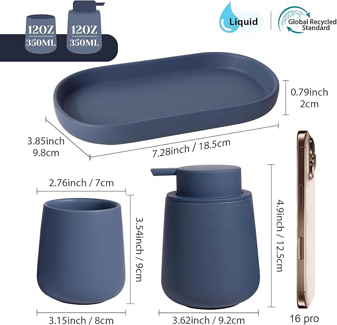 INGOFIN 3 Pcs Ceramic Bathroom Accessory Set - Liquid Soap Dispenser, Toothbrush Holder & Tray, Bathroom Counter Set, Countertop Essentials for Home, Guest Bathroom, or Office Use, Matte Blue