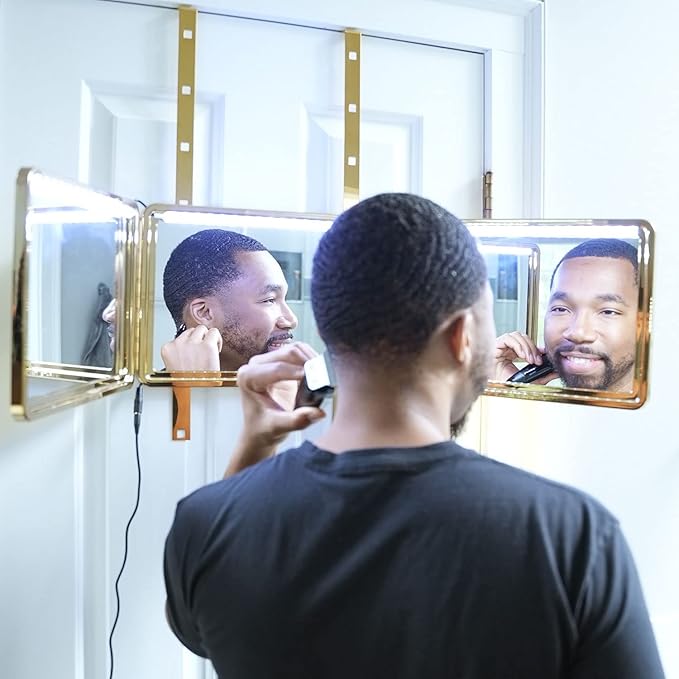 Self-Cut System Gold Plated 3 Way Mirror with Lights for Self Hair Cutting, Trifold Barber Mirror with Height Adjustable Hooks, 360 View, Includes Free Educational Mobile App (King’s Gold)