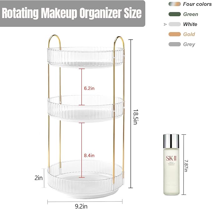 360 Rotating Makeup Organizer for Vanity, Bathroom Countertop Spinning Perfume Organizer, High-Capacity Cosmetic and Skincare Dresser Make Up Holder Rack (3 Tiers, White)