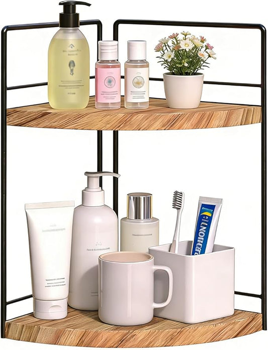 2 Tier Bathroom Counter Organizer,Bathroom Countertop Organizer, Wood Vanity Organizer Corner Shelf,Makeup Tray for Perfume Skincare Bedroom Kitchen Corner (2 Tier,Brown)