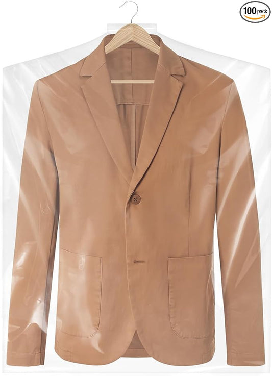 100 Pack 23.6"x40" Garment Bags for Hanging Clothes, Thick Clear Plastic Dry Cleaning Covers for Closet Storage & Travel