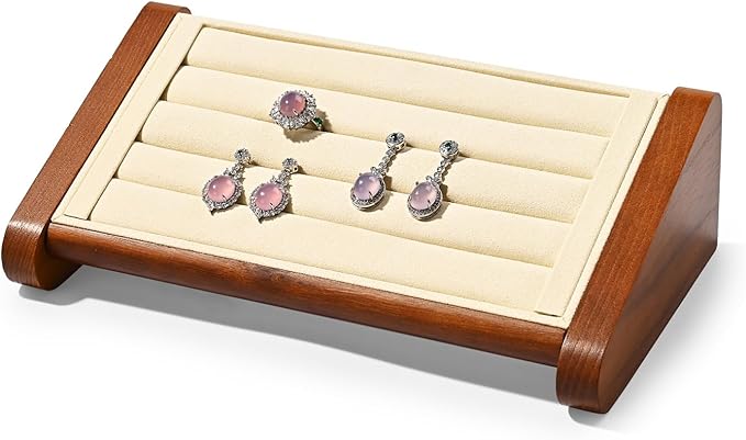 Solid Wood Ring Stand Earrings Stand Jewelry Display Stand Wood Jewelry Ring Showcase Display Organizer for Showcase Storage (Beige)