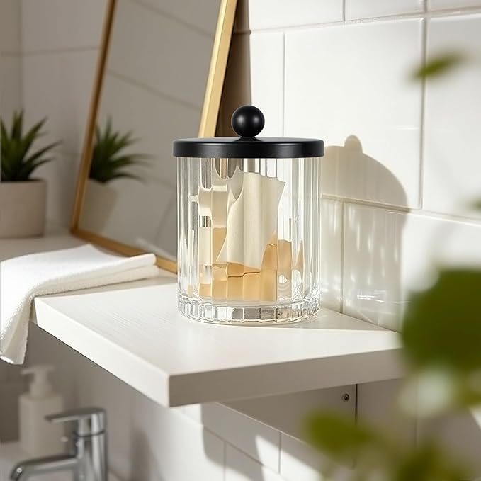 Amolliar Qtip Holder Dispenser for Cotton Swabs, Cotton Balls, Pads, Floss Picks, Clear Glass Canister Apothecary Jar, Bathroom Essential Accessories Decor, Bathroom Storage Organizer (Black, 2 Pack)