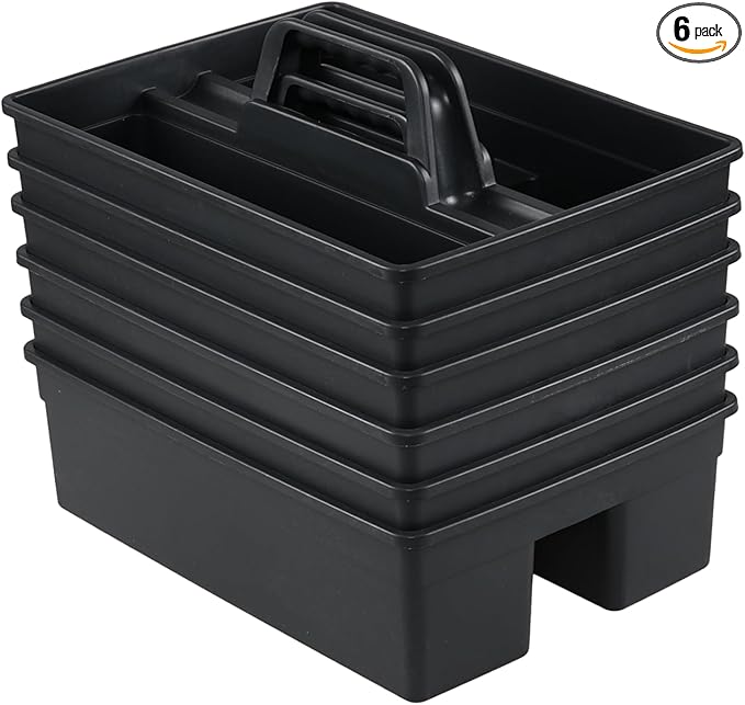 Set of 6 Plastic 3 Compartments Cleaning Supplies Caddy with Handle, Commercial Cleaning Caddy Organizer, Gray