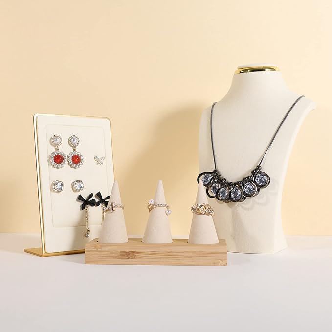 GemeShou Beige wood ring storage organizer, Velvet Jewelry ring display holder, Cute ring display stand for selling, wedding ring holder at nightstand【Beige with three cone】
