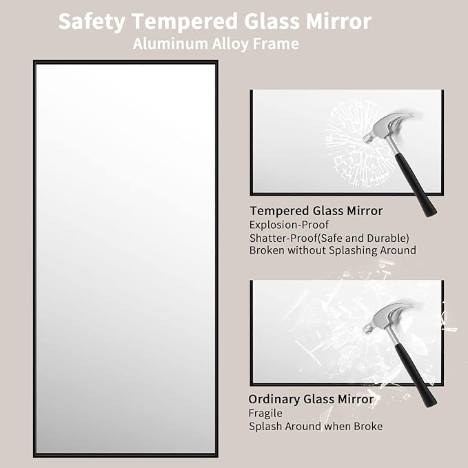 LOAAO 60"X28" Black Rectangle Bathroom Mirror Wall, Matte Black Aluminum Alloy Frame, Tempered Glass, Hangs Vertically or Horizontally, Easy to Install