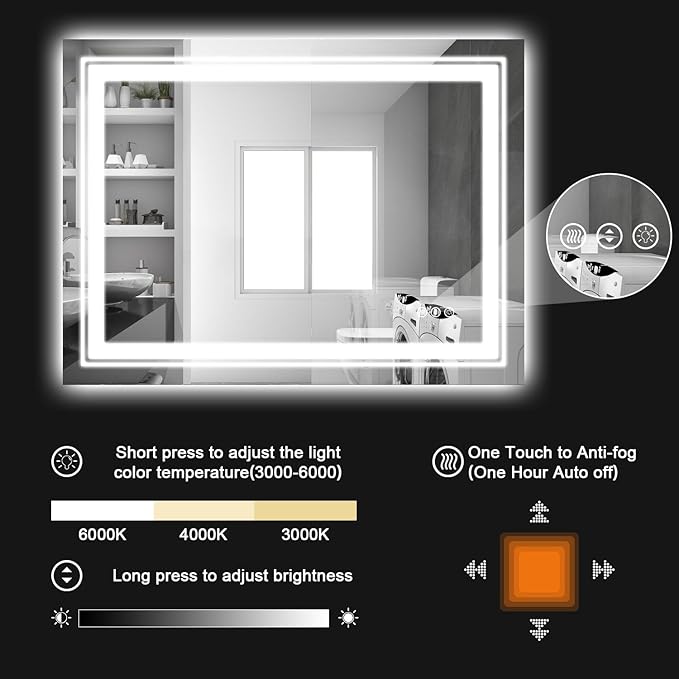 LED Bathroom Mirror, 60"X40" with Front and Backlit, Anti-Fog, Large Bathroom Vanity Mirror for Wall, Memory Function, Stepless Dimmable, Tempered Glass (Horizontal/Vertical)