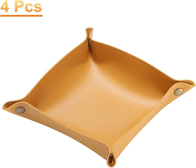 HARFINGTON 4pcs PU Leather Valet Tray Unisex Folding Small Catchall Tray Portable Entryway Table Tray Nightstand Bedside Desk Tray for Key Wallet Watch Coin Jewelry Dice, Yellow
