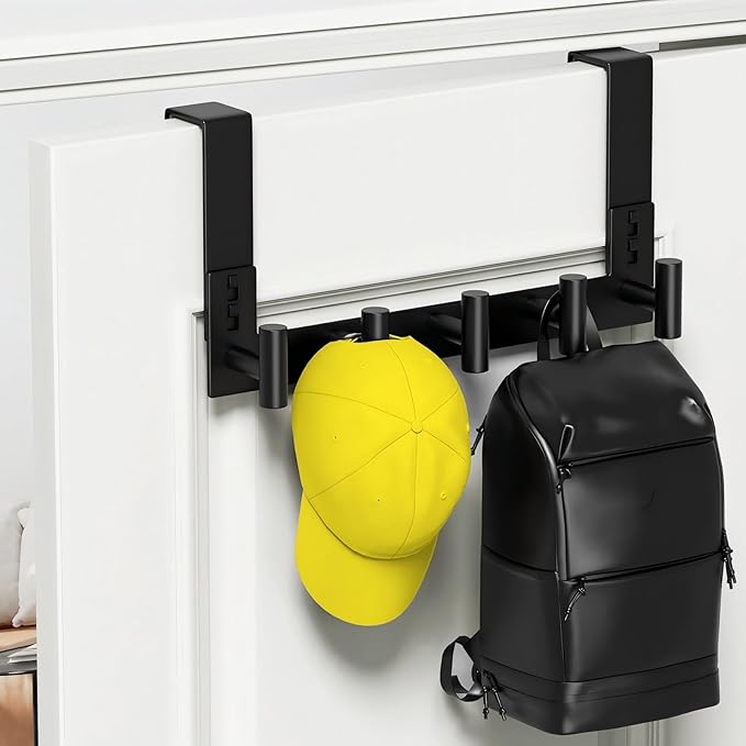 Stainless Steel Over Door Hooks, Over Door Hanger Holder for Robe Cloths, Heavy Duty Towel Hooks, Coat Rack, Doors Organizer for Bathroom, Bedroom, Locker Room & Closet (1 Pack, Black)