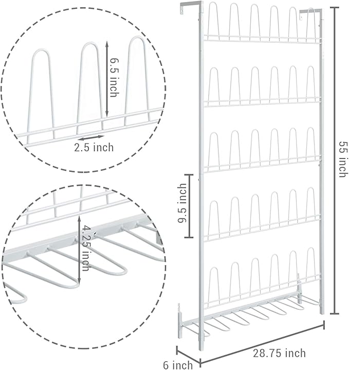 MyGift Modern Matte White Metal Wall shoe Rack in Closet, Mudroom and Entryway, Hanging Shoe Organizer Shelf Space Saving Organizer for Shoes and Boots, Holds 18 Pairs of shoe storge