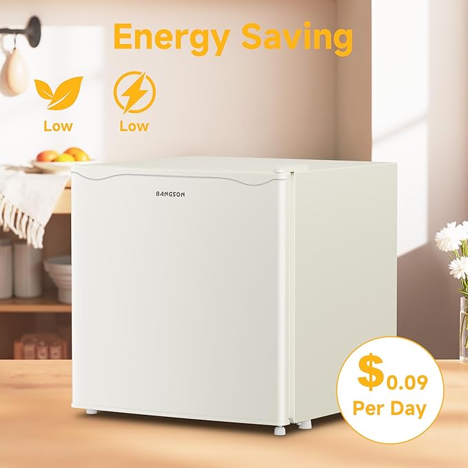 BANGSON 1.7 Cu.Ft Mini Fridge with Freezer, Compact Single Door Refrigerator - Energy Saving, Low Noise - Perfect for Office, Apartment, Dorm, Bedroom,Cream White